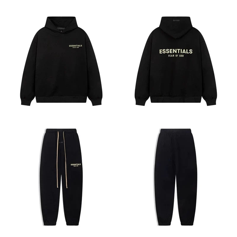 Fear Of God Essentials Gold Logo Hoodie Sweatpants Tracksuit Set Black